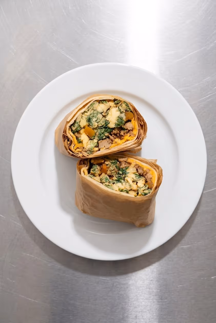 Snídaňové burrito s javorovým krůtím masem, kapustou a máslovou dýní