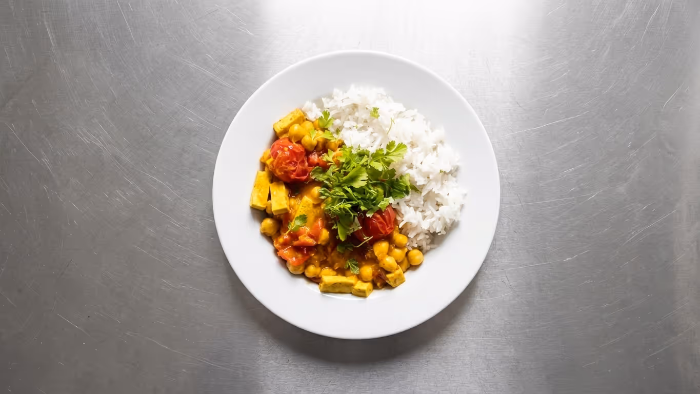 Rajčatové cizrnové kari s tofu a rýží