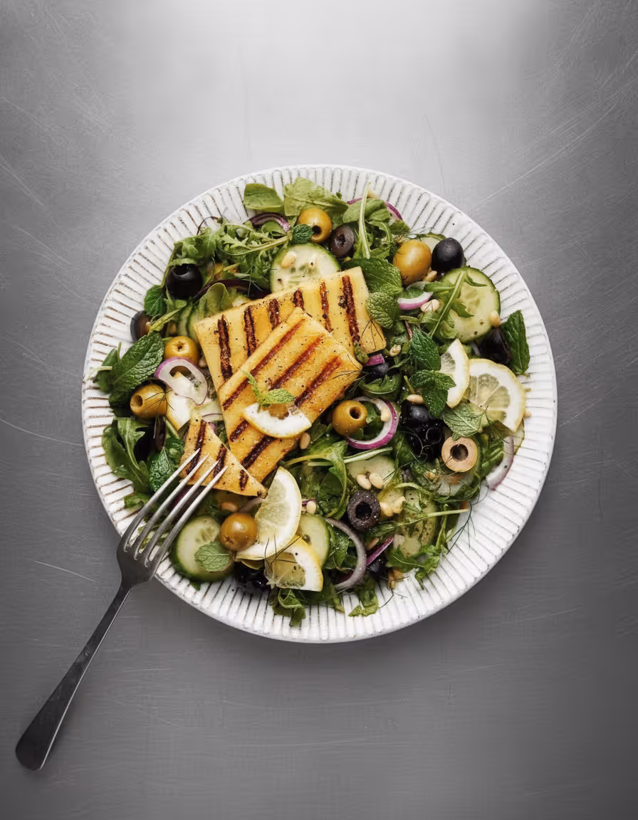 Salát s veganským halloumi a dresinkem z medu a tahini