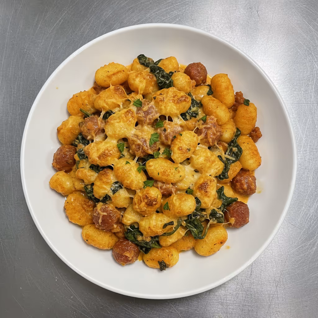 Zapečené gnocchi s chorizem a špenátem