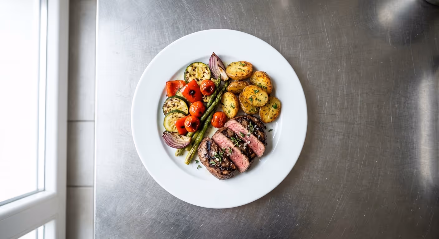 Hovězí steak z kýty s grilovanou zeleninou a bramborem