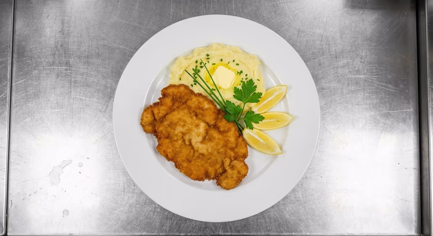 Šťavnatý vepřový řízek s bramborovou kaší a okurkovým salátem